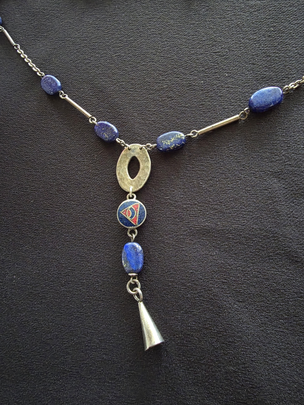 Vtg Lapis Blue Pebble Stone Necklace Silver Lariat Y-Drop Enamel Triangle